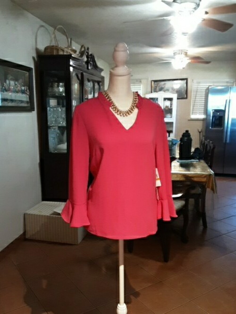 CeCe V-Neck Ruffle Cuff Blouse - Raspberry - Picture 2 of 11